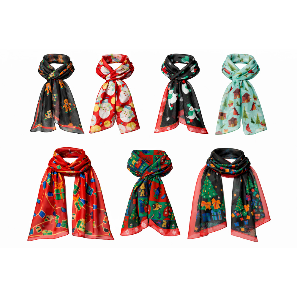 Lot 7 Sheer Christmas Scarves Holiday Snowman Santa Gift Print Mixed Sizes